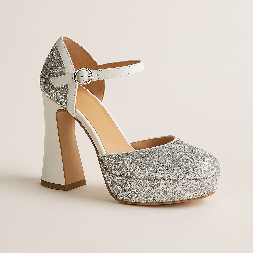 Escarpin Argenté Talon Carré
